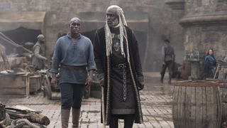 Alyn of Hull walks alongside Corlys Velaryon at a port in House of the Dragon season 2