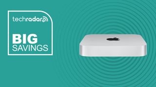 The Mac mini on a blue background with text saying Big Savings next to it.