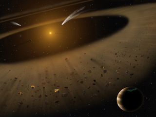 An artist's impression of the nearby Epsilon Eridani system with an asteroid belt-like debris disk scattered with rocky and icy bodies, along with the gas giant Epsilon Eridani b in the lower right.