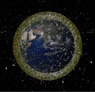 This computer illustration depicts the density of space junk around Earth in low-Earth orbit.