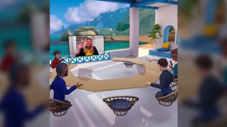 Group meeting with VR avatars and real life webcam in VR conference tool Horizon Workrooms. Virutal avatars are sitting around a circular table (with no middle) with a nice beach background.