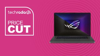 Asus ROG Zephyrus G16 gaming laptop in eclipse gray on magenta background with price cut sign