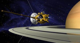 Artist concept of Cassini at Saturn.