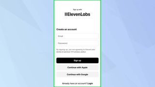 ElevenLabs reader app sign up page