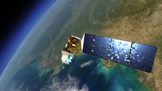 Landsat 8 satellite with large solar panel "wing" sticking out the the righthand side with Earth below. 