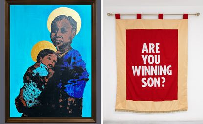 Two artworks from Incubator gallery exhibitions: Mother and child, and graphic textile with the words &#039;Are you winning son?&#039;