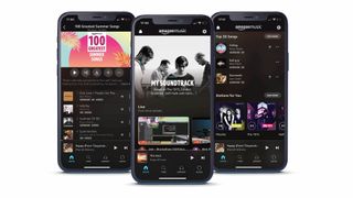 Three smartphones showing the Amazon Music Unlimited app on screen.
