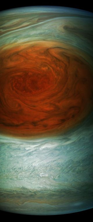 This enhanced-color image of Jupiter's Great Red Spot was created by citizen scientist Gerald Eichstädt using data from the JunoCam imager on NASA's Juno spacecraft. The image is adjusted and strongly enhanced to draw viewers' eyes to the iconic storm and the turbulence around it.