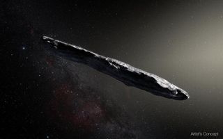 An artist&#039;s interpretation of the strange cigar shape of &#039;Oumuamua.