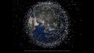 An illustration of satellites and debris orbiting Earth.