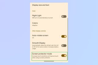 A screenshot of the Display menu on a Pixel phone with a green box around Screen Protector Mode and the feature enabled