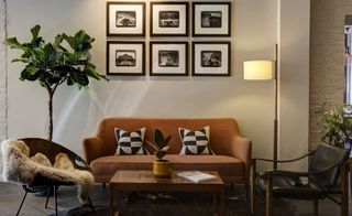 Brown sofa,chairs and plants at Clerkenwell London.