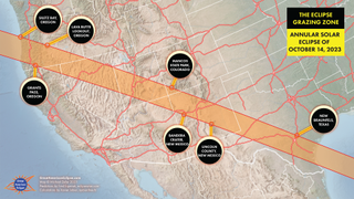 map illustration showing where the eclipse grazing zone is located for the october 14 annular solar eclipse.