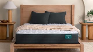 Beautyrest Harmony Mattress on a wooden bed frame in a neutral coloured bedroom