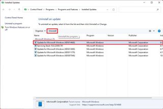 Control Panel uninstall updates