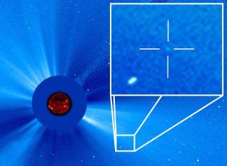 The dot in the cross-hairs is the 3,000th comet discovered by the NASA/European Space Agency Solar and Heliospheric Observatory (SOHO), as seen on Sept. 14, 2015. The comet was spotted in SOHO data by Worachate Boonplod of Thailand.