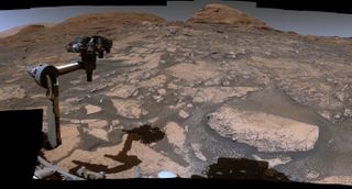 A portion of a panorama that was created by the Curiosity mission team using 129 images captured by the Mars rover’s Mastcam imager on July 3, 2021.