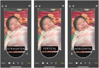 How to resize video on iPhone and iPad by showing: Select Straighten, Horizontal, or Vertical, then drag the slider left and right with finger to adjust
