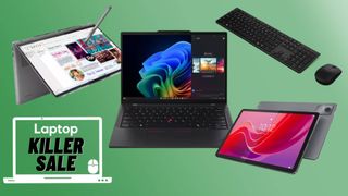 Lenovo sale, ThinkPad X1 Carbon, Lenovo Tab P12, Lenovo Yoga, Lenovo mouse and keyboard combo against green background