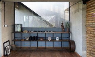 reception area with wooden shelf