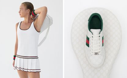 Gucci tennis fashion collection featuring model in white tennis dress and tennis racquet bag