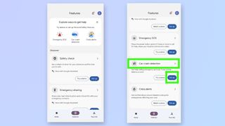 Screenshot showing the steps to enable Car Crash Detection on a Google pixel phone - Features Screen. Select Car Crash Detection