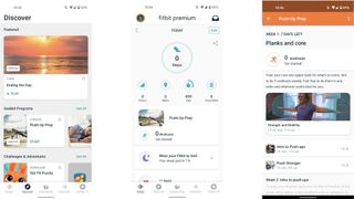 3 Fitbit Premium screenshots: Discover tab (left); Daily fitness summary (center); Guided workout program (right)