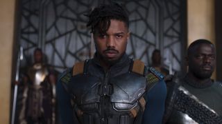 Michael B. Jordan as Killmonger with Daniel Kaluuya as W'Kabi standing behind him.