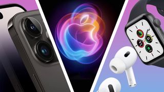 iPhone 15 (left), Apple 'It's Glowtime' event invite logo (right), AirPods Pro 2 and Apple Watch 9 (right) split into three segments on a purple/blue background