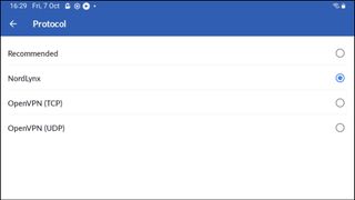 Et skærmbillede af NordVPN's Android-protokoller