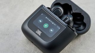 A pair of JBL Tour Pro 2 wireless earbuds in black