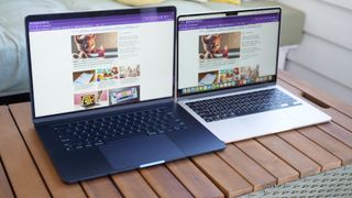 MacBook Air 15-inch M3 next to MacBook Air 13-inch M3 on a side table