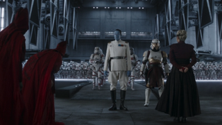 a blue-faced character in a white military officer's uniform walks among ranks of soldiers in white armor