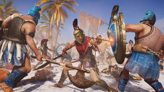 Assassin's Creed Odyssey's Kassandra fighting enemies with shields