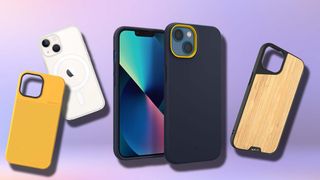 Four of the best iPhone 13 mini cases arranged on a purple background