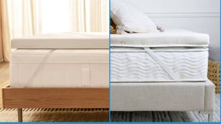 Saatva vs Tempur-Pedic Mattress Topper image shows the Tempur-Pedic Tempur-Adapt Mattress topper on the right and the Saatva Graphite mattress topper on the left