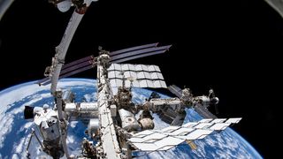 The International Space Station seen from the camera during a spacewalk by NASA astronaut Tom Marshburn on Dec. 2, 2021. 