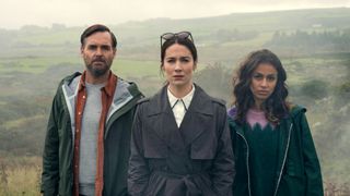 (L to R) Will Forte as Gilbert Power, Siobhán Cullen as Dove, Robyn Cara as Emmy Sizergh in episode 102 of Bodkin