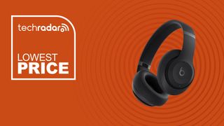 The Beats Studio Pro on an orange background with lowest price text next to them.