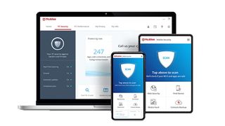 McAfee antivirus kører på en mobil, en tablet og en bærbar pc