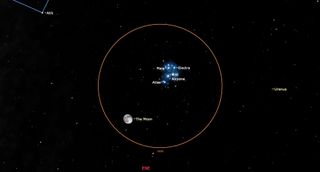 an orange circle in the night sky captures the moon and pleides star cluster.