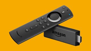 Amazon Fire TV Stick product image against a yellow background