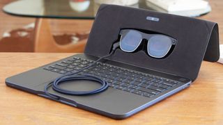 Here's the now-deadstock Sightful Spacetop G1 AR laptop in stand mode, showcasing XREAL AR glasses and its keyboard deck. On Monday, the company revealed its pivoting to arguably the best part of its offering — the augmented reality canvas software.