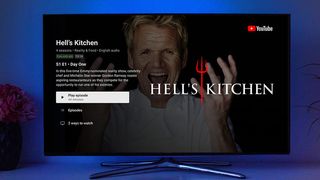 A render of the YouTube interface on a TV, showing an episode of Hell&#039;s Kitchen