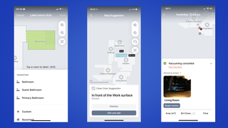 Three screenshots from the iRobot app showing map setup, map clean zone suggestions and an instance of an obstacle halting the clean