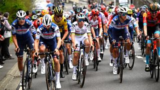 The peloton at the 2023 Liège-Bastogne-Liège cycling race.