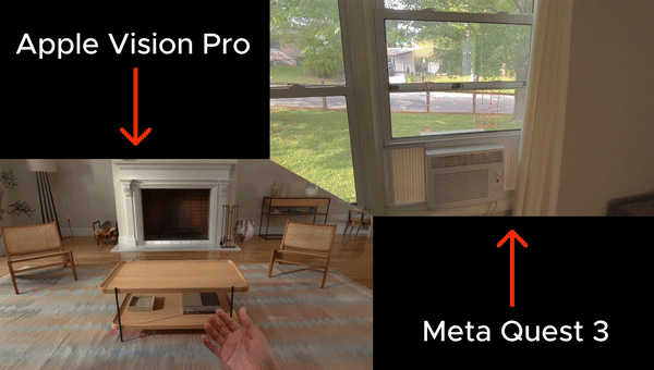 Showing how the pinch gesture is identical on Meta Quest 3 vs Apple Vision Pro