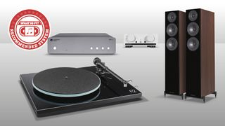 Product shots of Rega Planar 2, Cambridge Audio MXN10, Mission 778x, Wharfedale Diamond 12.3 on a grey background with a red and white systems logo