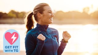 a photo of a happy woman exercising