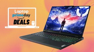 The Lenovo Legion 7i Pro Gen 9 gaming laptop with a Laptop Mag deals icon in front of an abstract orange background